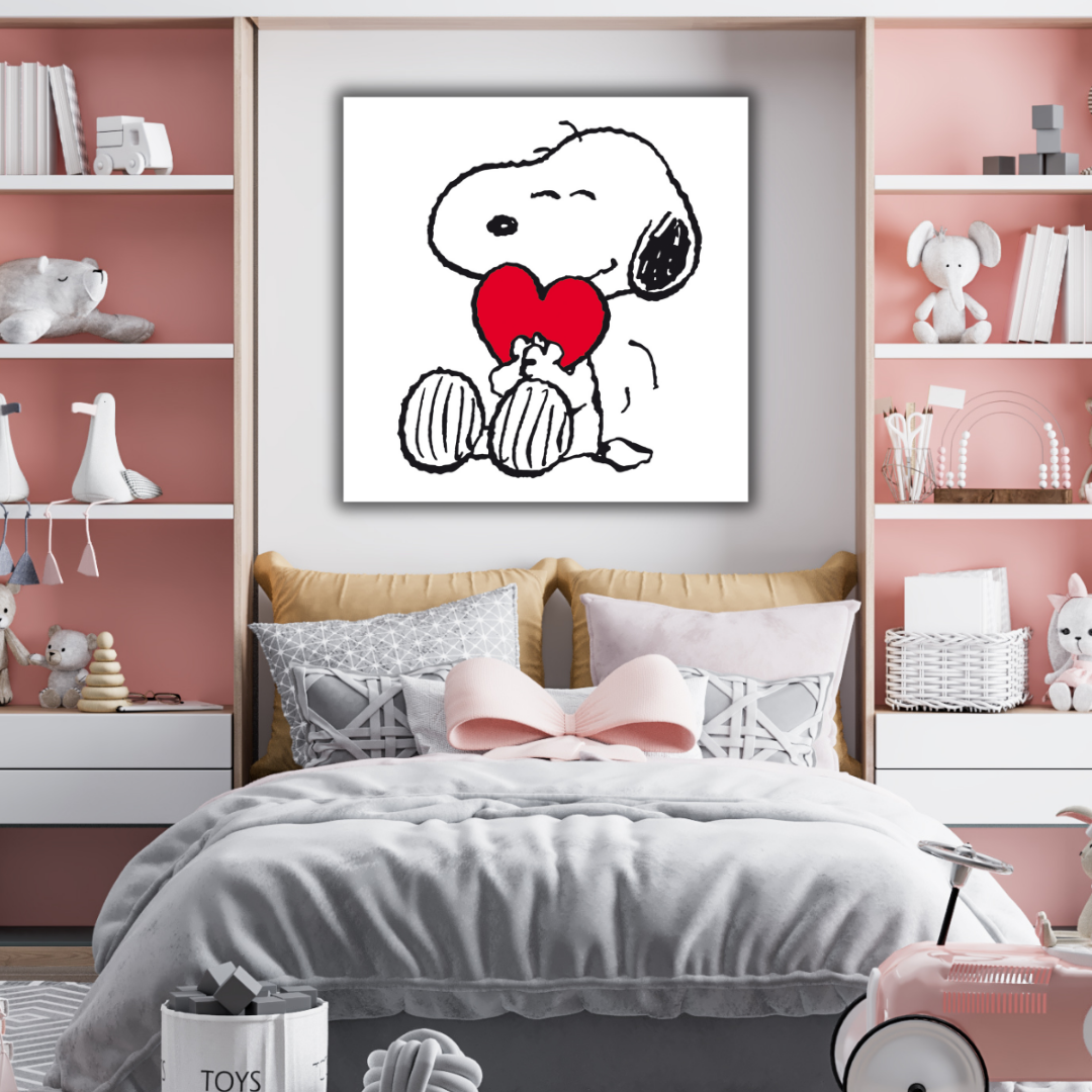 Snoopy, Red Heart, Loves You mostra Snoopy abbracciando un cuore rosso, simbolo di amore e affetto.