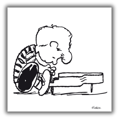 Quadro in bianco e nero "Schroeder and the Piano", con Schroeder assorto nel suonare il suo pianoforte.