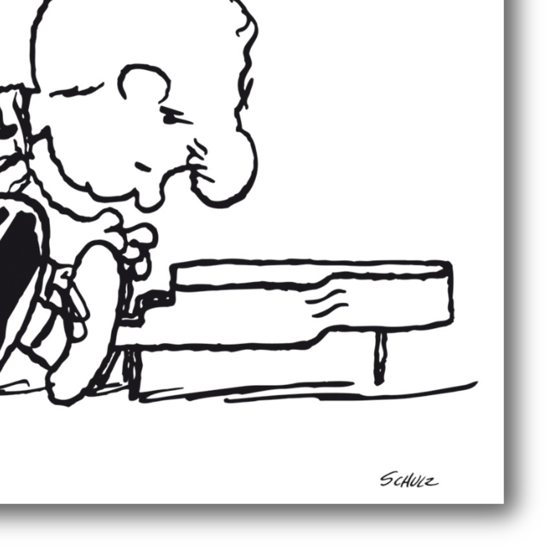 Dettaglio dell'Illustrazione in bianco e nero "Schroeder and the Piano", con Schroeder assorto nel suonare il suo pianoforte.