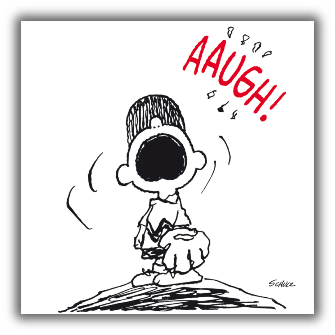 Stampa in bianco e nero di "Charlie Brown Aaugh" con Charlie Brown che esprime frustrazione e il testo "AAUGH!" in rosso sopra di lui. Tela.
