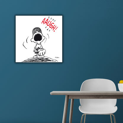 Stampa in bianco e nero di "Charlie Brown Aaugh" con Charlie Brown che esprime frustrazione e il testo "AAUGH!" in rosso sopra di lui.