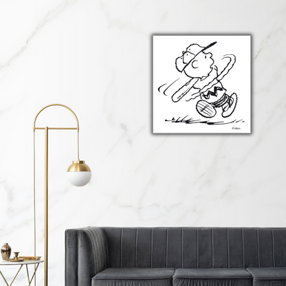 Illustrazione ambientata in bianco e nero di "Charlie Brown Playing Baseball", con Charlie Brown che si lancia con energia per colpire una palla da baseball.