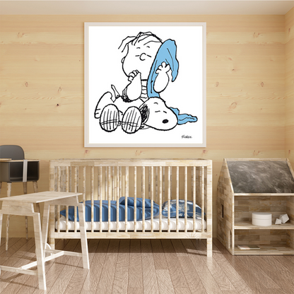 Ambientazione dell'Illustrazione di "Snoopy, Linus e la Coperta" con Linus che abbraccia una coperta azzurra accanto a Snoopy.