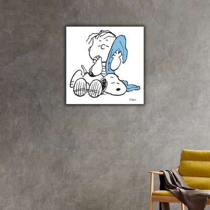 Quadro ambientato di "Snoopy, Linus e la Coperta" con Linus che abbraccia una coperta azzurra accanto a Snoopy.