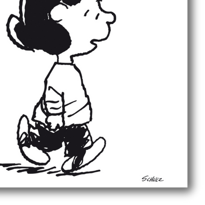 Dettaglio dell'Illustrazione di "Peanuts Family: Lucy Van Pelt" che mostra Lucy in bianco e nero, con una postura sicura e uno sguardo deciso.