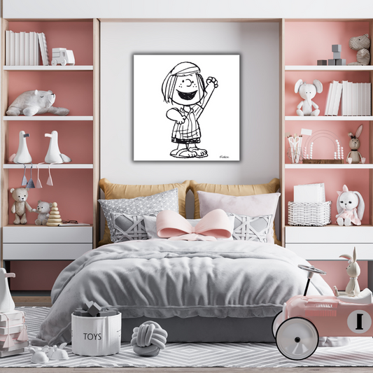 Hello, Peppermint Patty! mostra il personaggio di Patty che saluta con la mano, sorridente e pieno di energia, in un'illustrazione in bianco e nero.