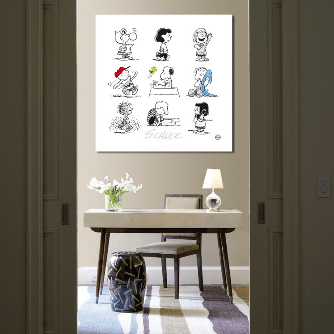 Serigrafia 'Peanuts e gli Amici di Schulz' in elegante cornice, perfetta per aggiungere un tocco artistico alla tua casa. Stampa a Colori appesa.