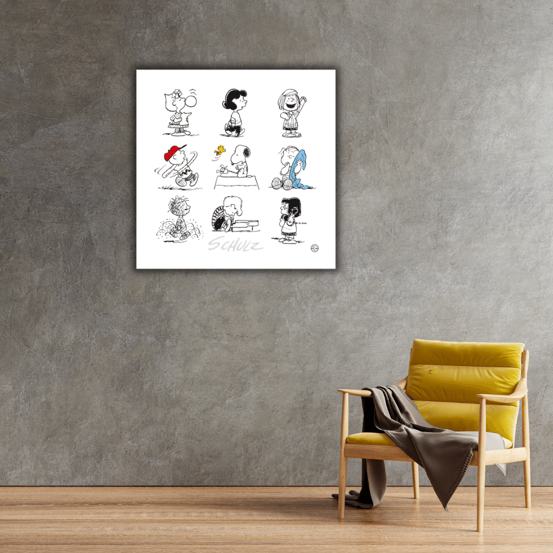 Ambientazione Serigrafia 'Peanuts e gli Amici di Schulz' in elegante cornice, perfetta per aggiungere un tocco artistico alla tua casa. Stampa a Colori su parete.