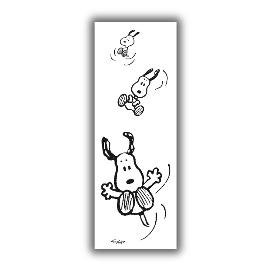 Quadro di "SNOOPY che vola" di Charles Schulz, con sfondo bianco, mostra Snoopy in diverse pose aeree.