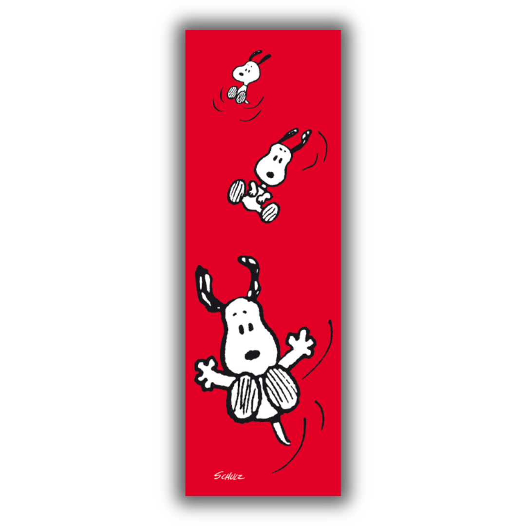 Quadro di "SNOOPY che vola" di Charles Schulz, con sfondo rosso, mostra Snoopy in diverse pose aeree.