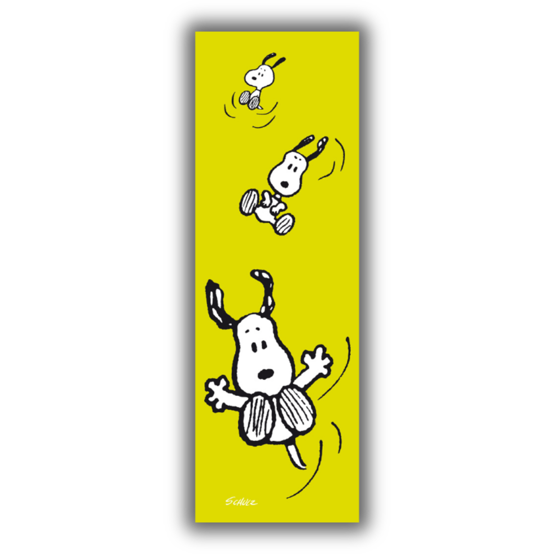 Quadro di "SNOOPY che vola" di Charles Schulz, con sfondo verde acido, mostra Snoopy in diverse pose aeree.