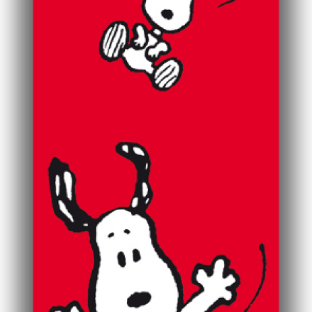 Dettaglio di "SNOOPY che vola" di Charles Schulz, con sfondo rosso, mostra Snoopy in diverse pose aeree.