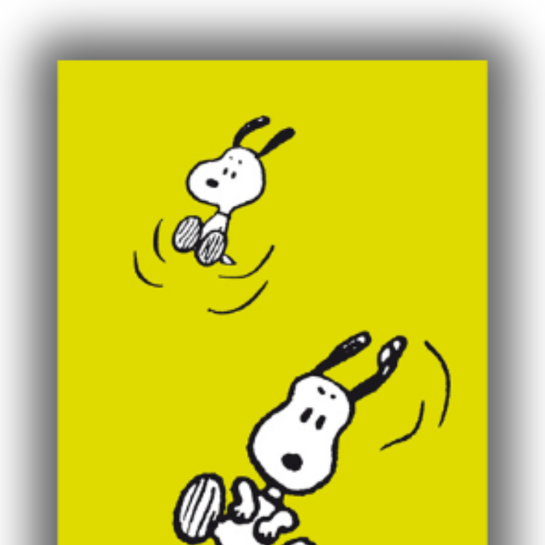 Dettaglio di "SNOOPY che vola" di Charles Schulz, con sfondo verde acido, mostra Snoopy in diverse pose aeree.