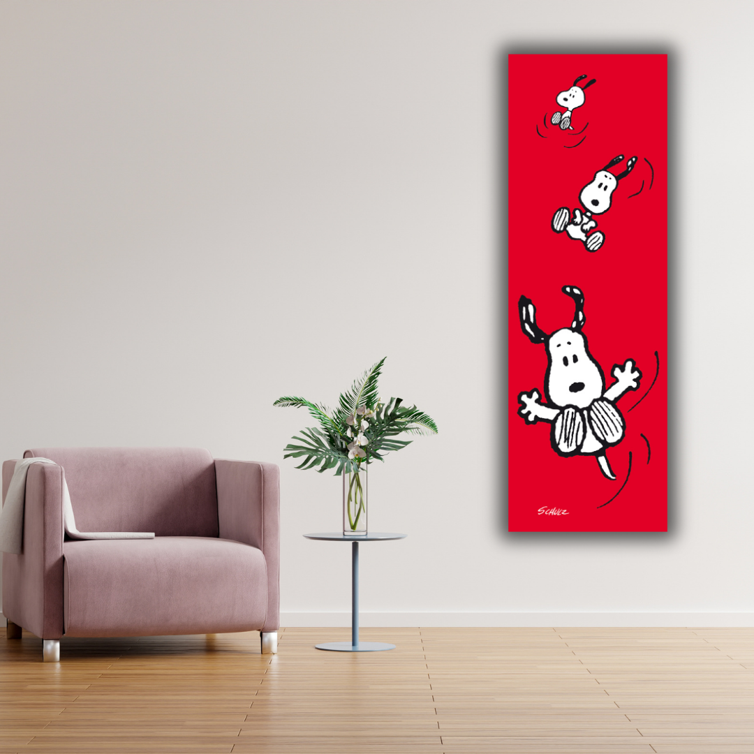 Nuova Ambientazione di "SNOOPY che vola" di Charles Schulz, con sfondo rosso, mostra Snoopy in diverse pose aeree.