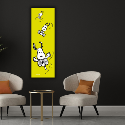 Nuova Ambientazione di "SNOOPY che vola" di Charles Schulz, con sfondo verde acido, mostra Snoopy in diverse pose aeree.