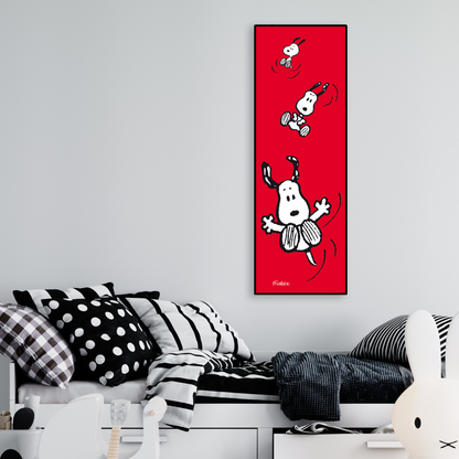 Ambientazione di "SNOOPY che vola" di Charles Schulz, con sfondo rosso, mostra Snoopy in diverse pose aeree.